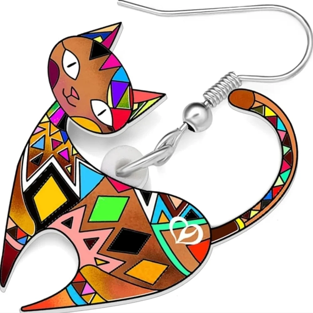 Women's jewelry unique multicolored designed cat dangle earrings!